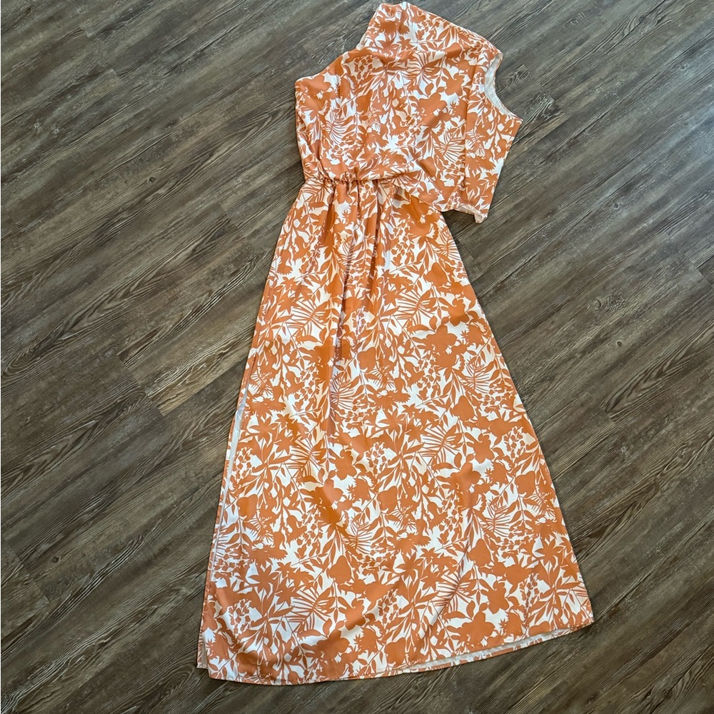 Pink Lily One Shoulder Floral Dress in Orange and White